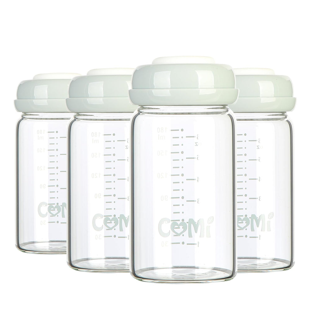 COMI wide-neck glass bottle 4-pack 6oz – sturdy glass for safe milk storage and easy pumping.