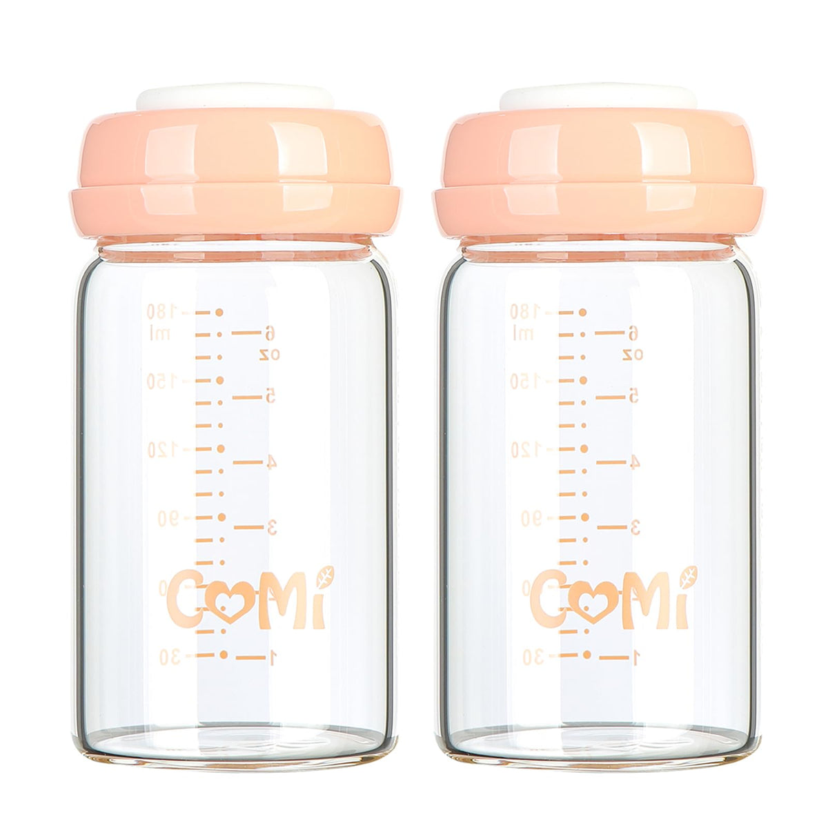 COMI wide-neck glass bottle with pink lid is leakproof for pumping.
