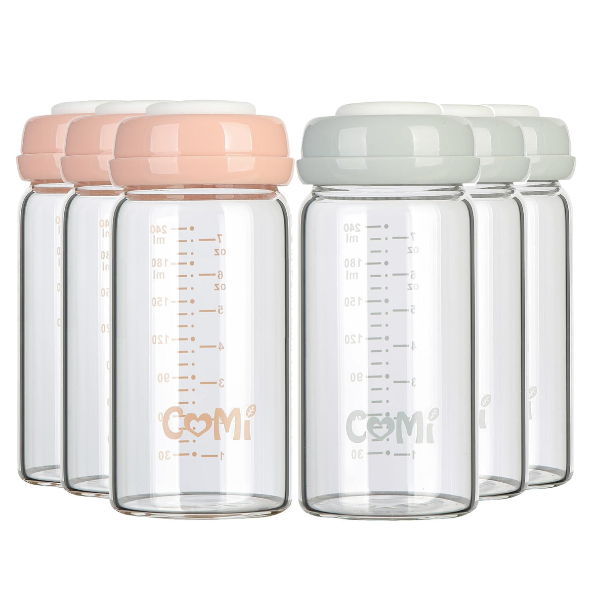 COMI wide-neck glass bottle 8oz six-pack front view shows pump compatibility