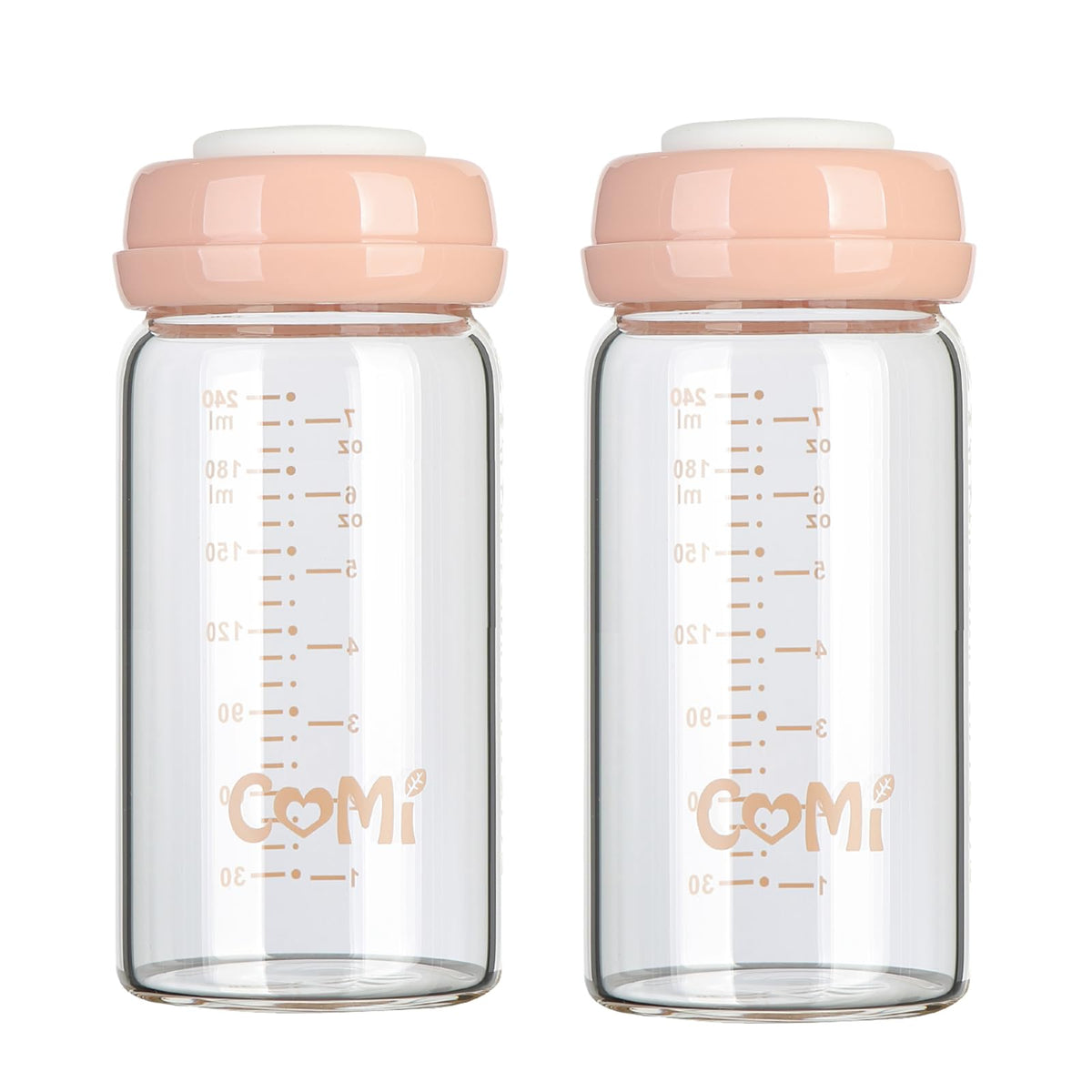 COMI wide-neck glass breastmilk bottle close-up, showing borosilicate safety for storage