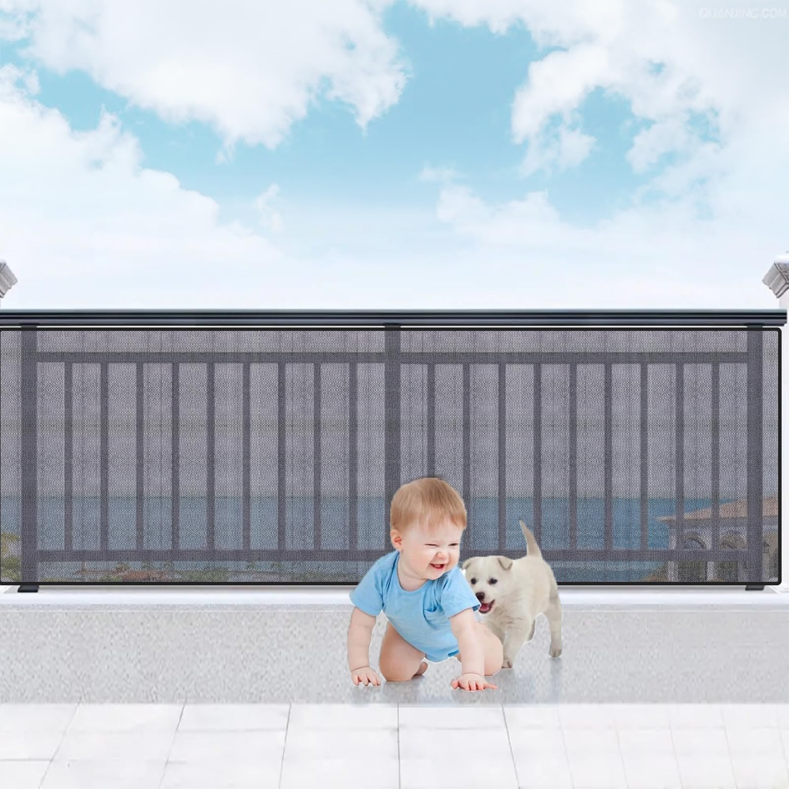 COMIKO Banister Guard material close-up highlights heavy-duty fabric and reinforced mesh for durability.