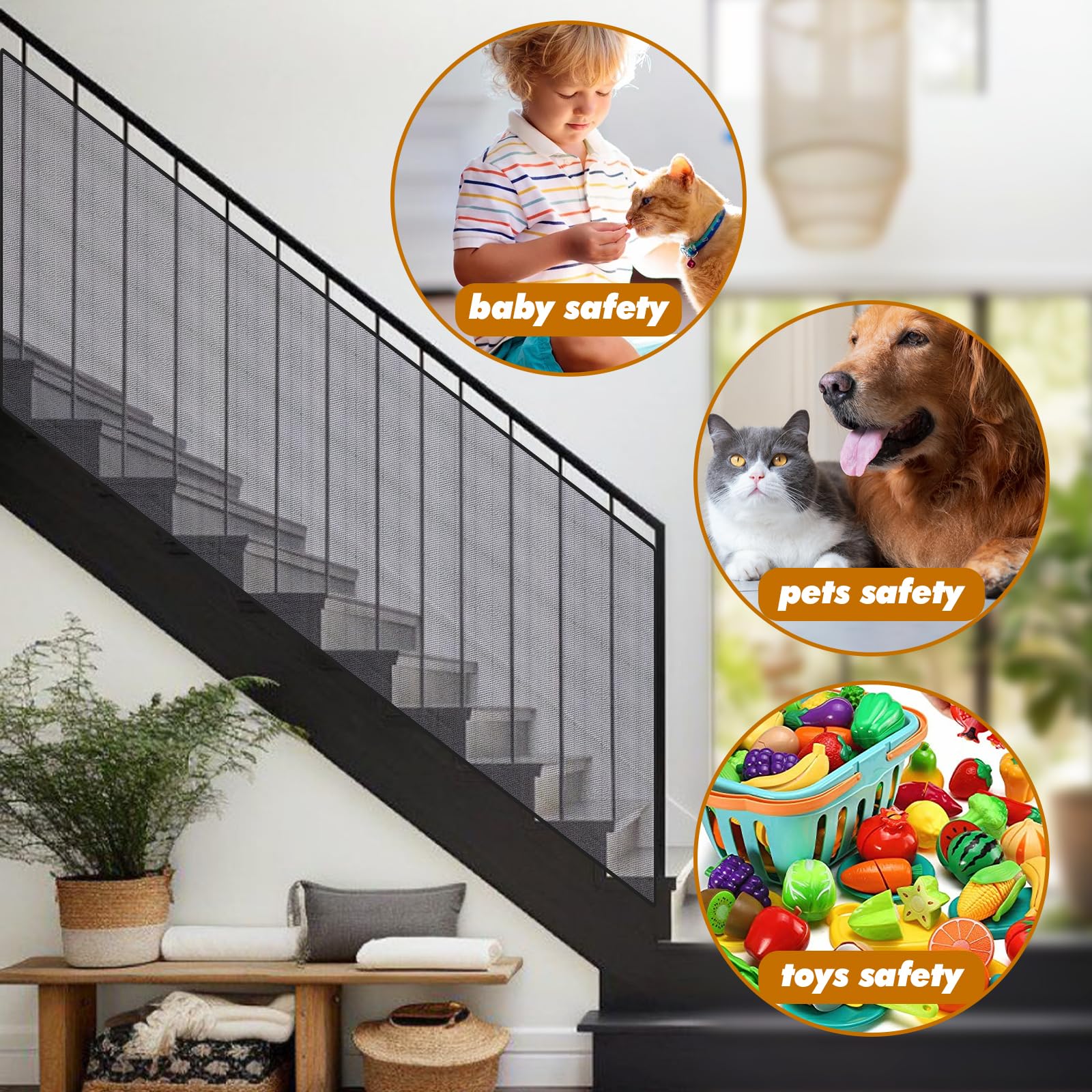 COMIKO Banister Guard versatile-spaces image highlights use in hallways, cribs, decks and outdoor play.