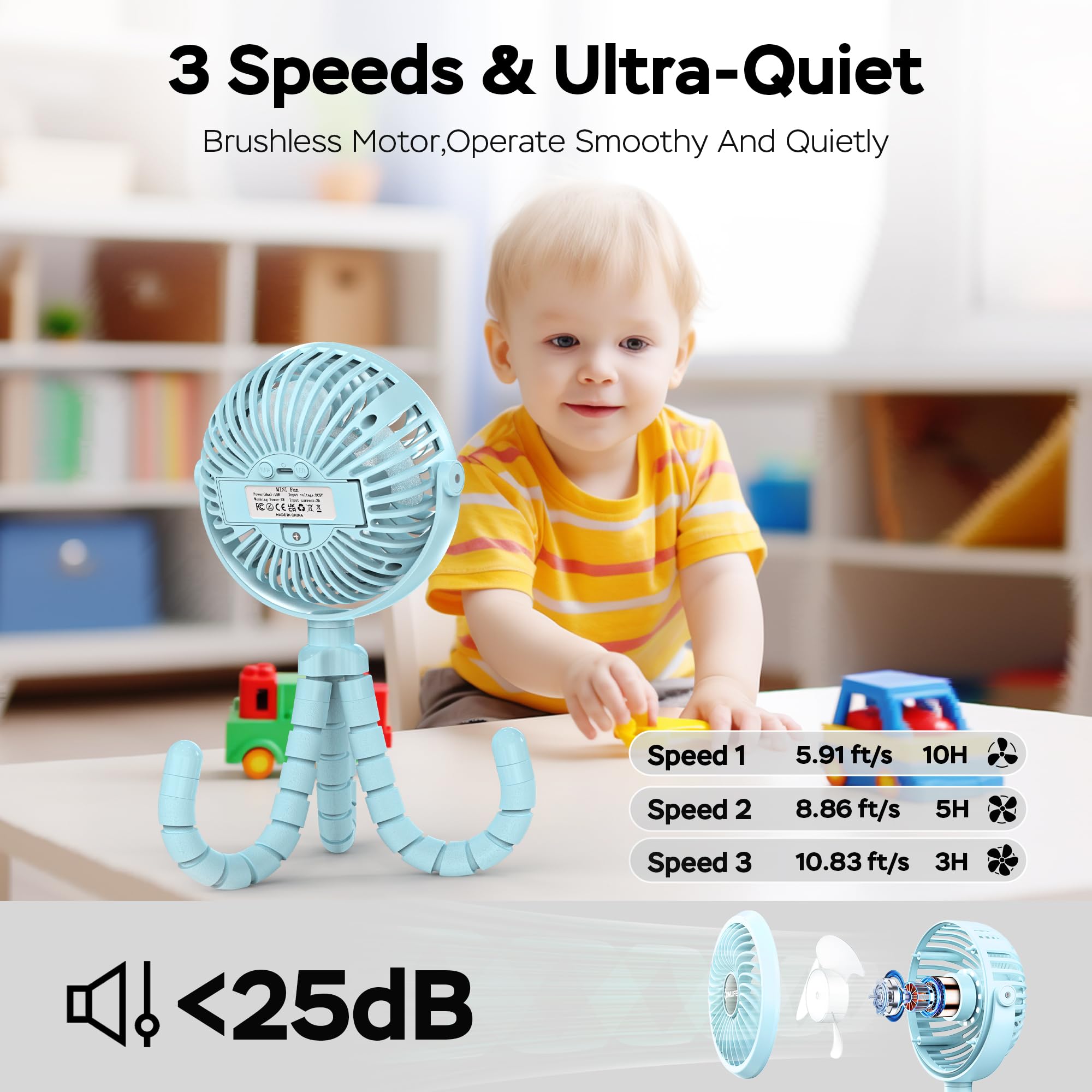 COMLIFE Stroller Fan with LED night light for gentle night visibility