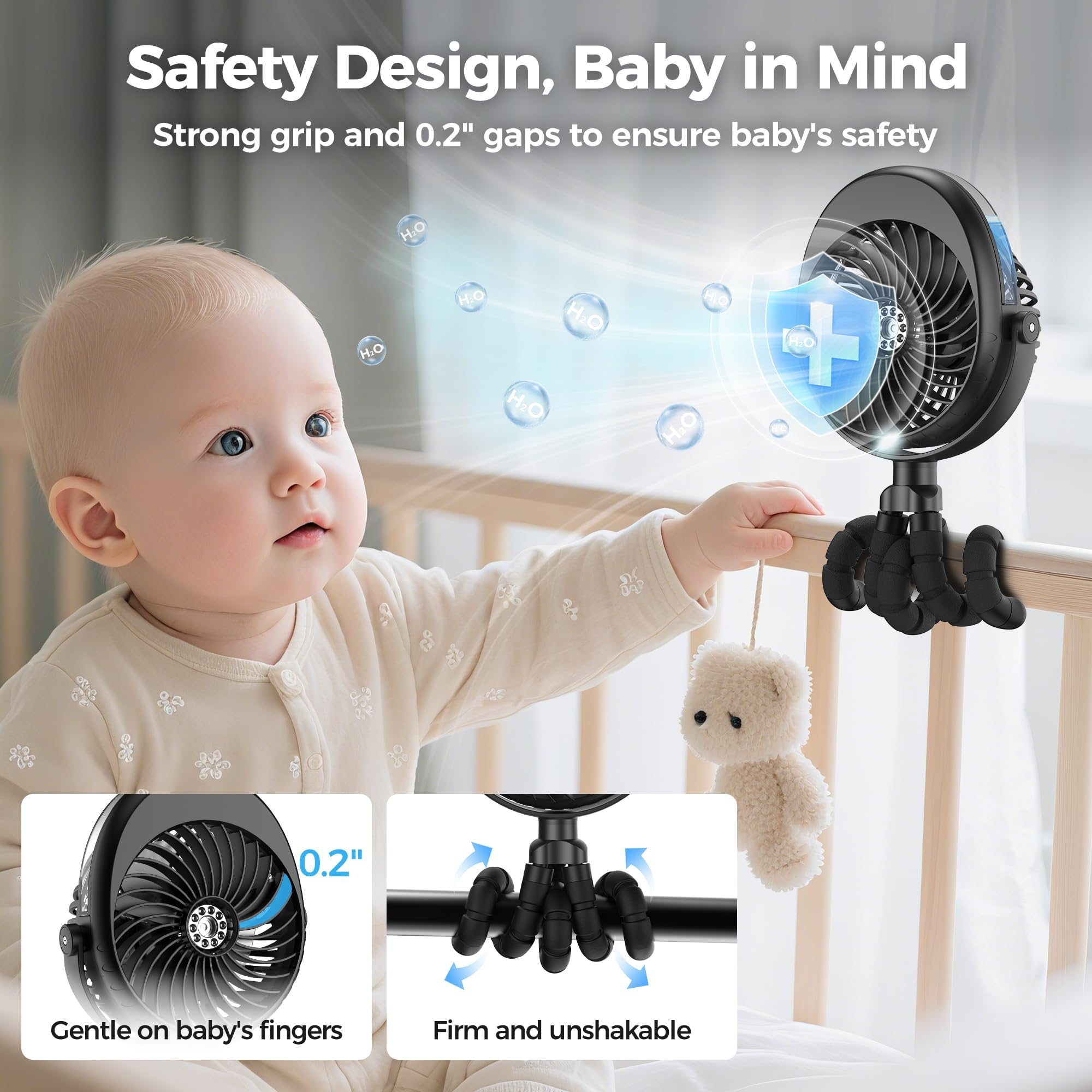 COMLIFE misting baby stroller fan 3-speed emphasizes quiet airflow for napping or outdoors.