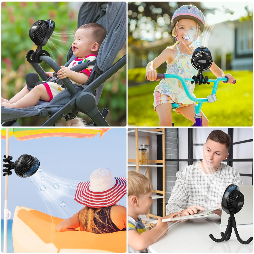 COMLIFE misting baby stroller fan battery-pack highlights long runtime for day trips.