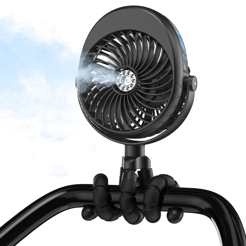 COMLIFE misting baby stroller fan top view demonstrates portable cooling on outdoor outings.