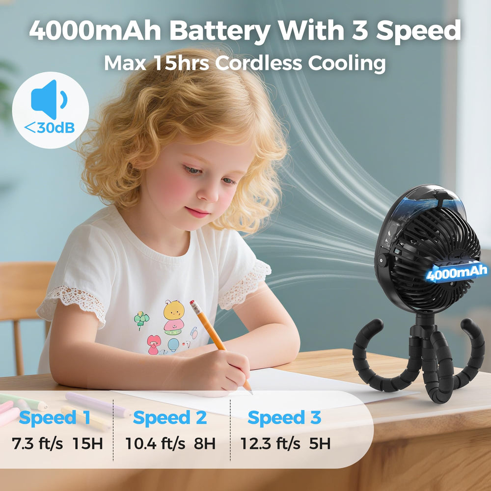 COMLIFE stroller fan with 3 speeds offers quiet breeze for nap-ready moments.