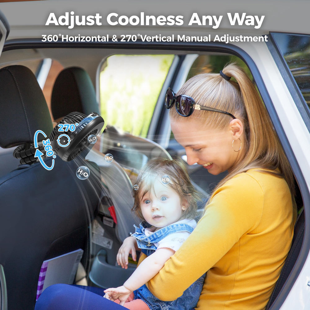COMLIFE stroller fan with 360° rotation and 270° tilt for precise airflow.