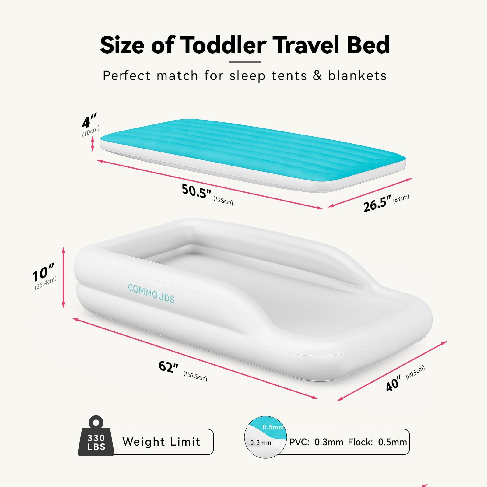 COMMOUDS inflatable toddler air mattress with soft top for travel comfort.