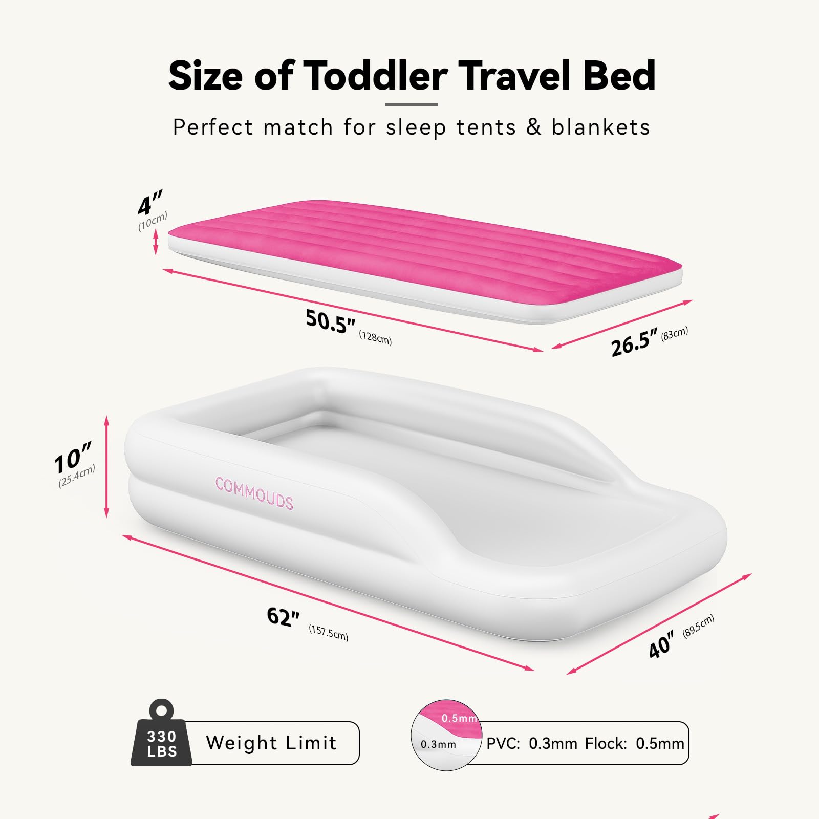 COMMOUDS travel bed with 3 sided bumpers provides secure sleep away from home