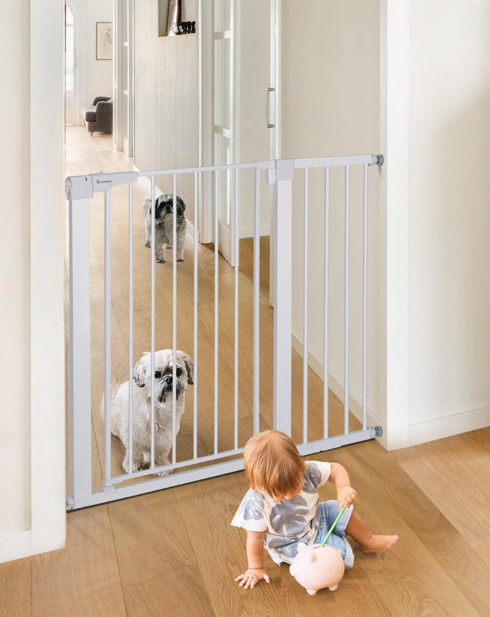 COMOMY 36in extra-tall gate setup for pet and toddler safety.