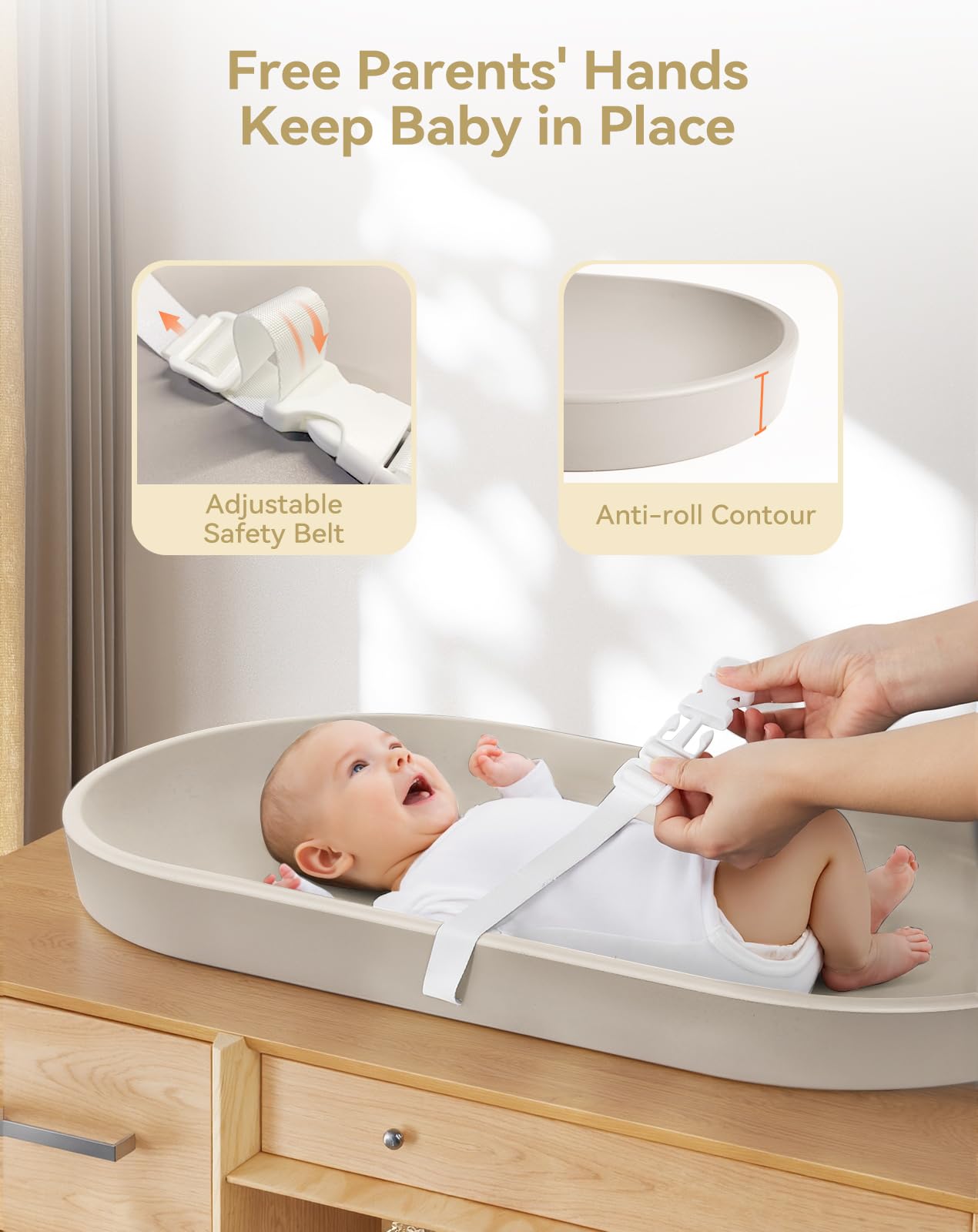 COMOMY changing pad with restraining belt ensures safe, calm diaper duties