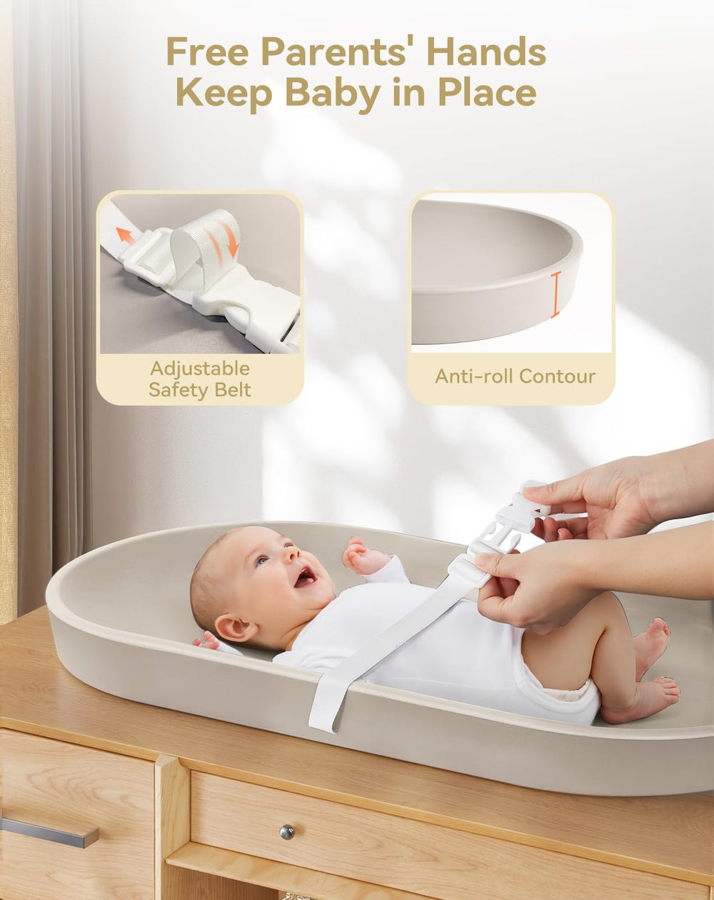 COMOMY changing pad with restraining belt ensures safe, calm diaper duties