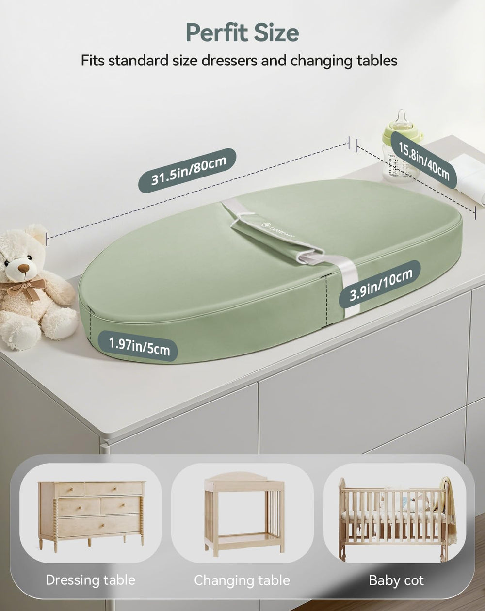 COMOMY changing pad non-slip bottom anchors to dresser surface