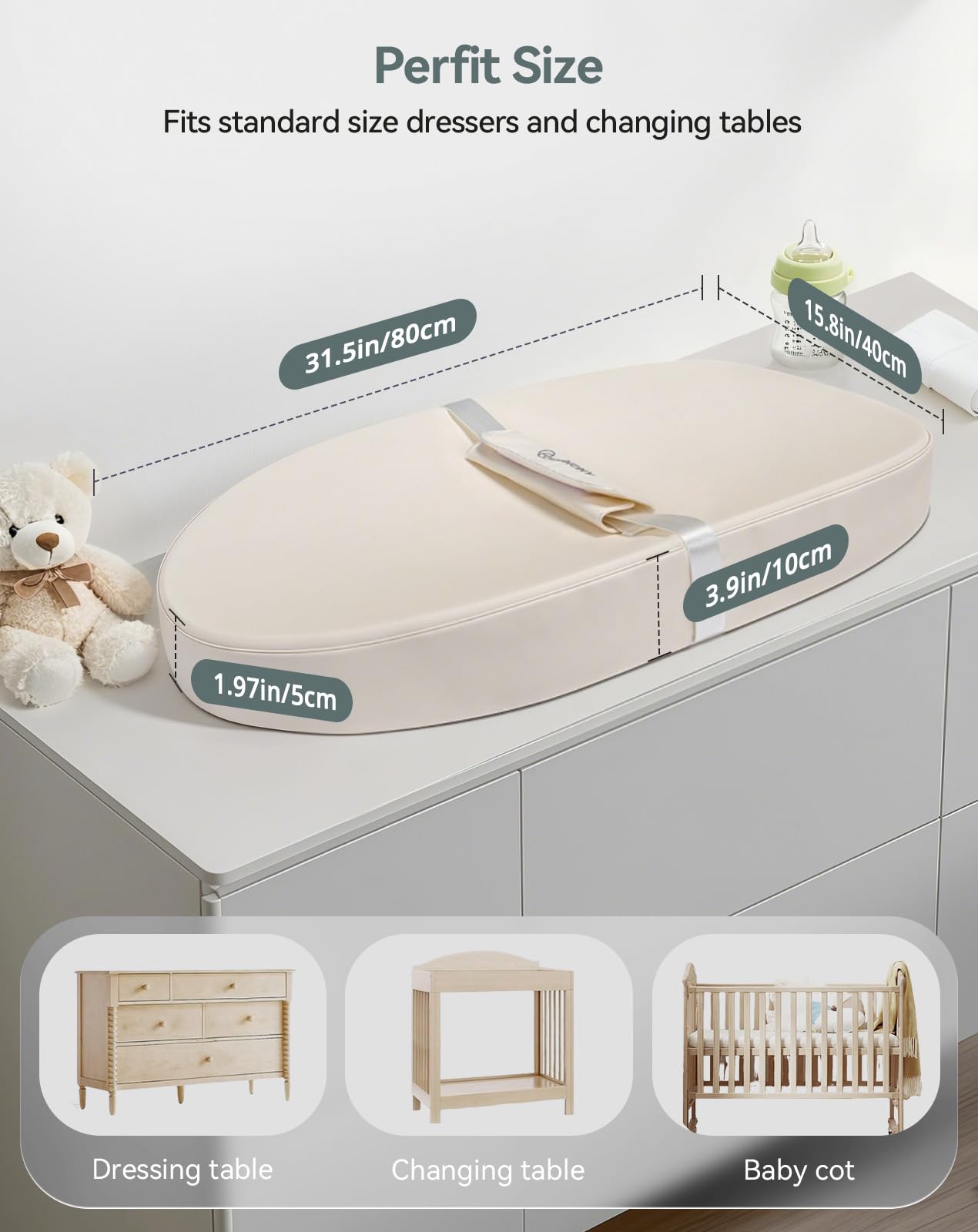 COMOMY non-slip stickers secure the pad on a dresser for steady changes.