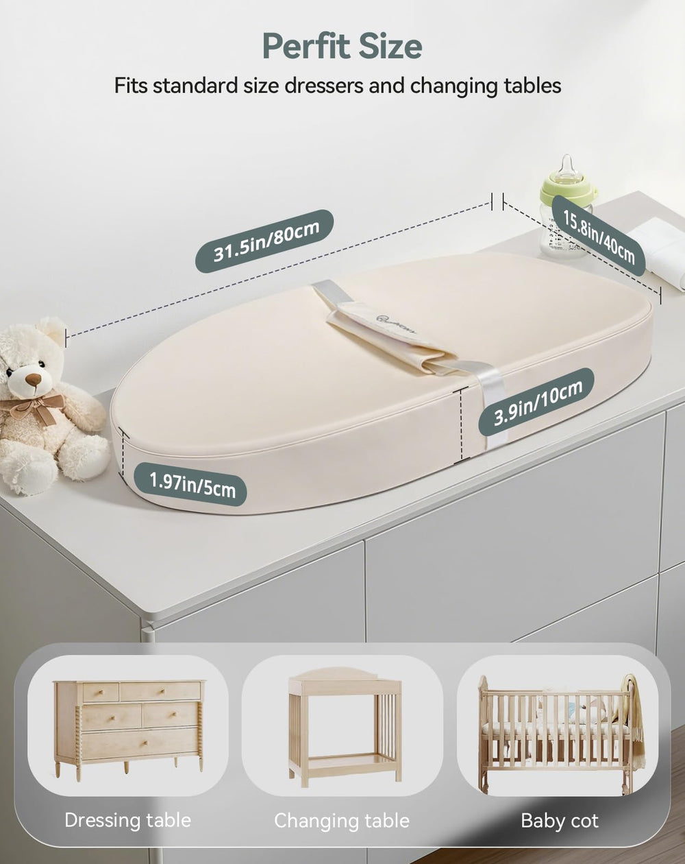 COMOMY non-slip stickers secure the pad on a dresser for steady changes.