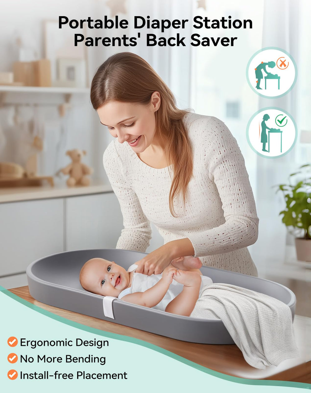 COMOMY ergonomic design reduces back strain during diaper changes