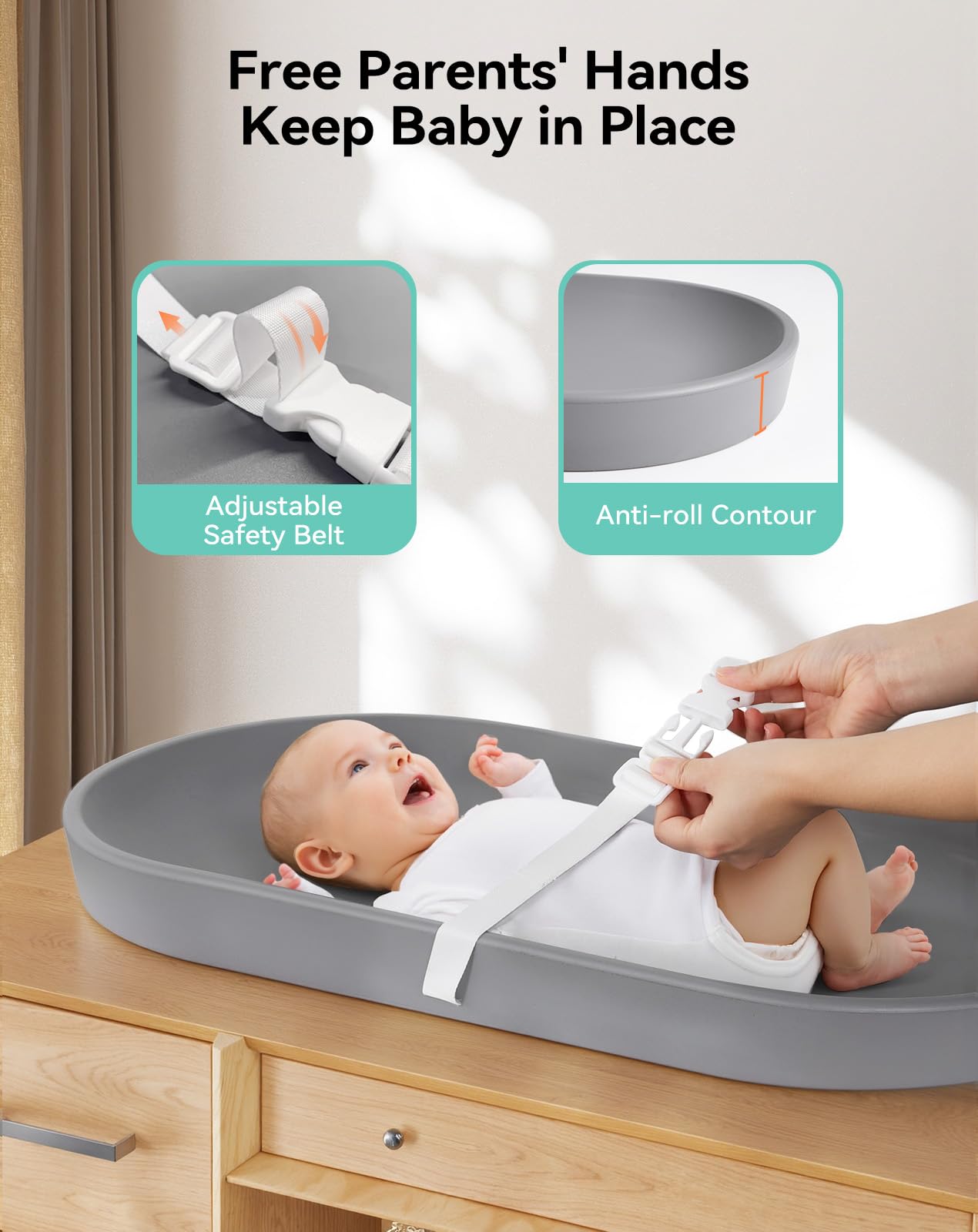 COMOMY changing pad with restraining belt provides secure diaper changes