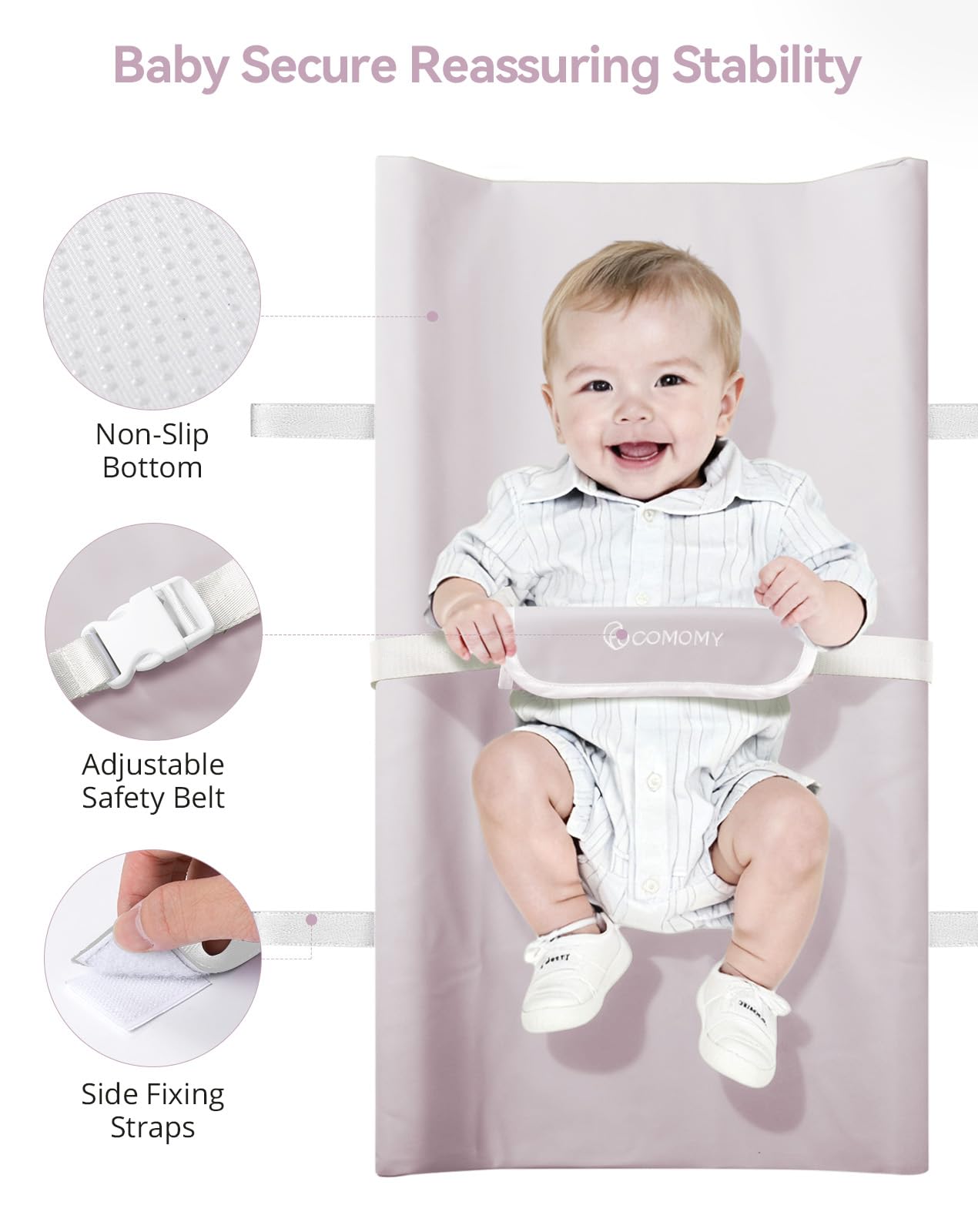 COMOMY changing pad includes safety belt to help secure baby