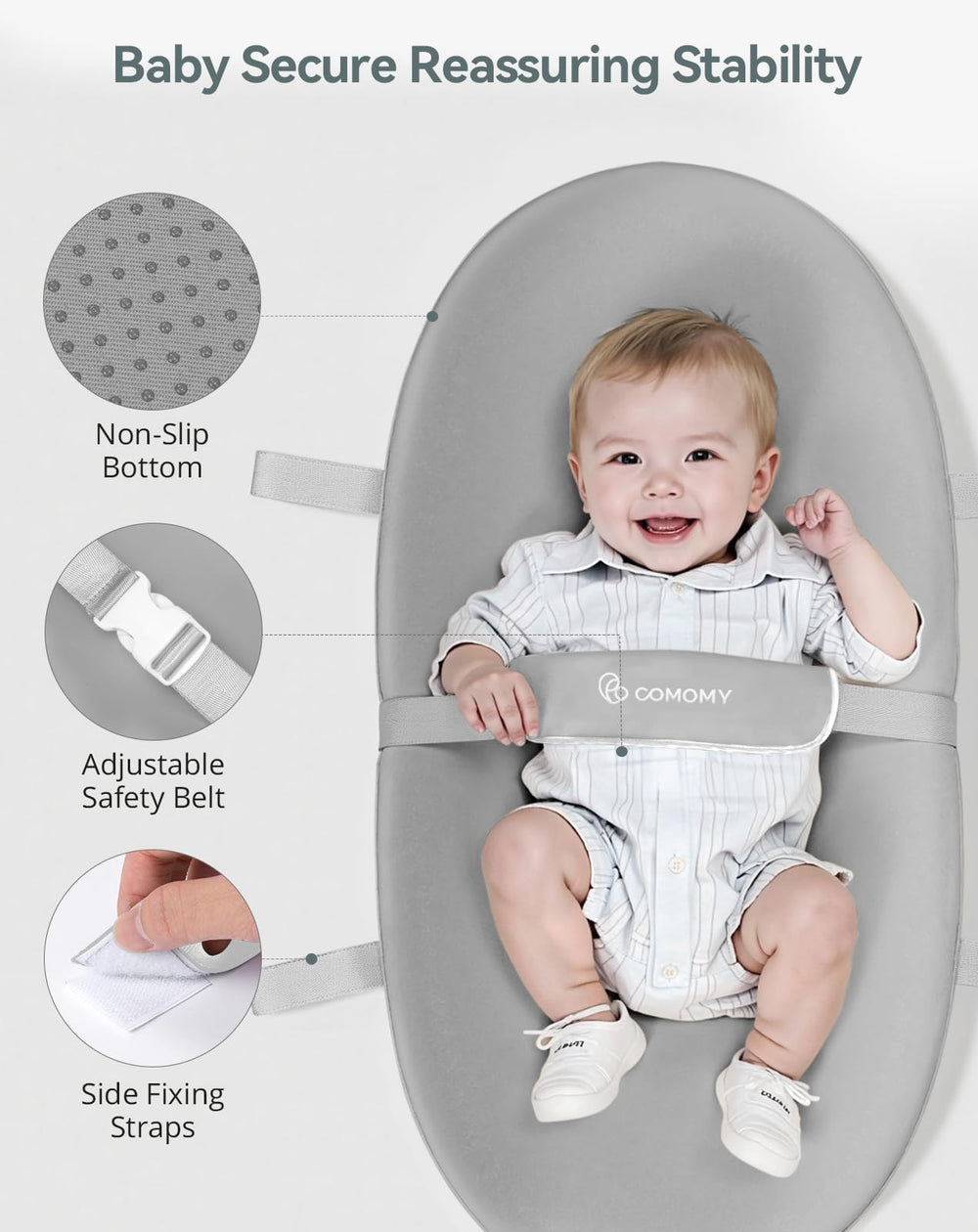 COMOMY safety belt on changing pad to secure baby during diapering
