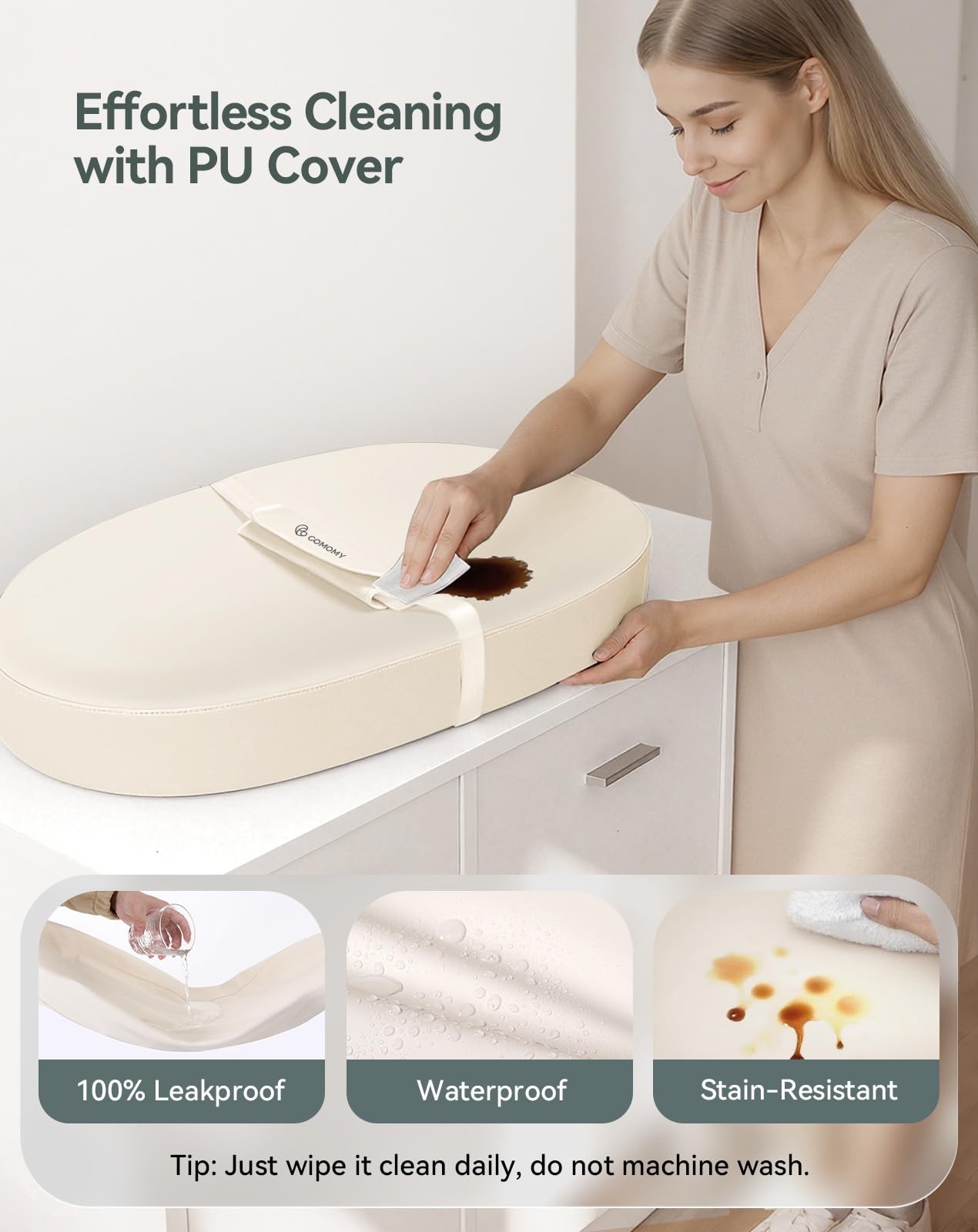 COMOMY changing pad vegan leather outer feels soft and warm against baby's skin.
