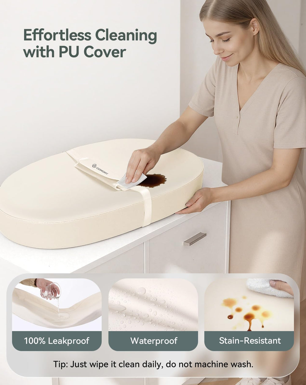 COMOMY changing pad vegan leather outer feels soft and warm against baby's skin.