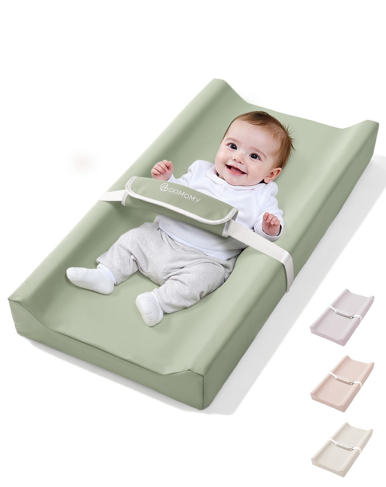 COMOMY baby changing pad wipeable PU cover shown in soft green for easy cleaning
