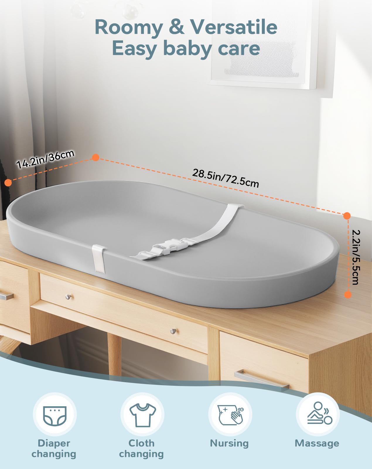 COMOMY changing pad dimensions 28.5x14.2 inches for a spacious changing area