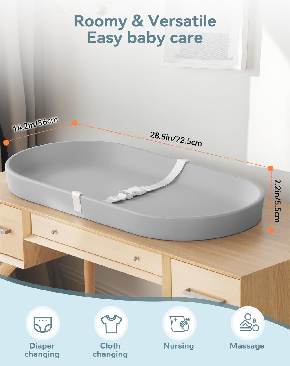 COMOMY changing pad dimensions 28.5x14.2 inches for a spacious changing area