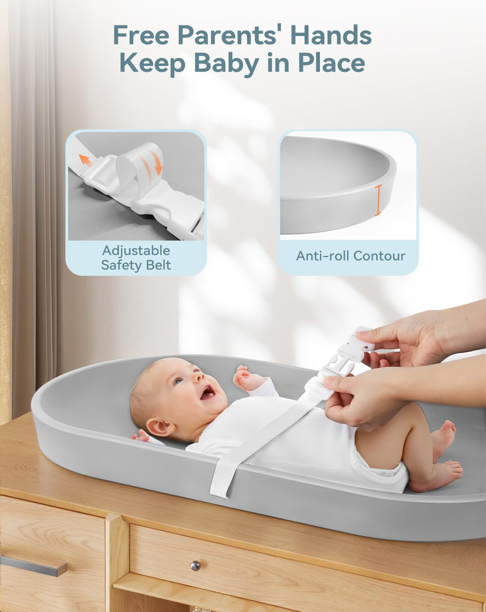 COMOMY changing pad with restraining belt keeps baby steady during changes
