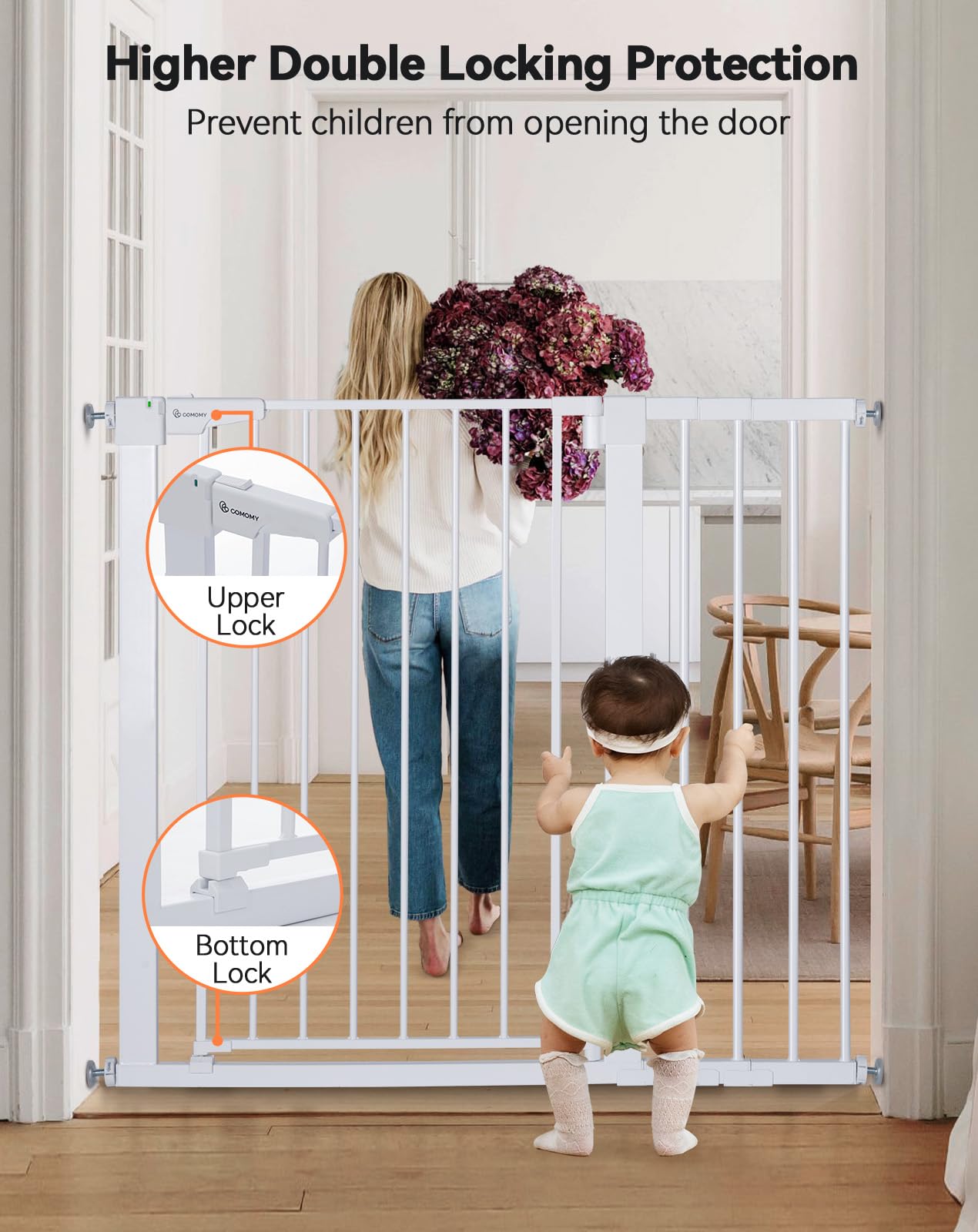 COMOMY pressure-mounted installation offers tool-free setup for doorways.