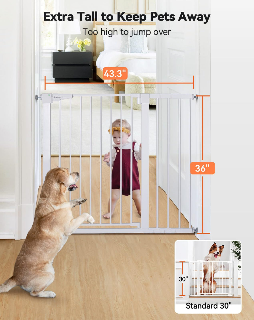 COMOMY wide openings gate in doorway shows flexible width fit for stairs and hallways.