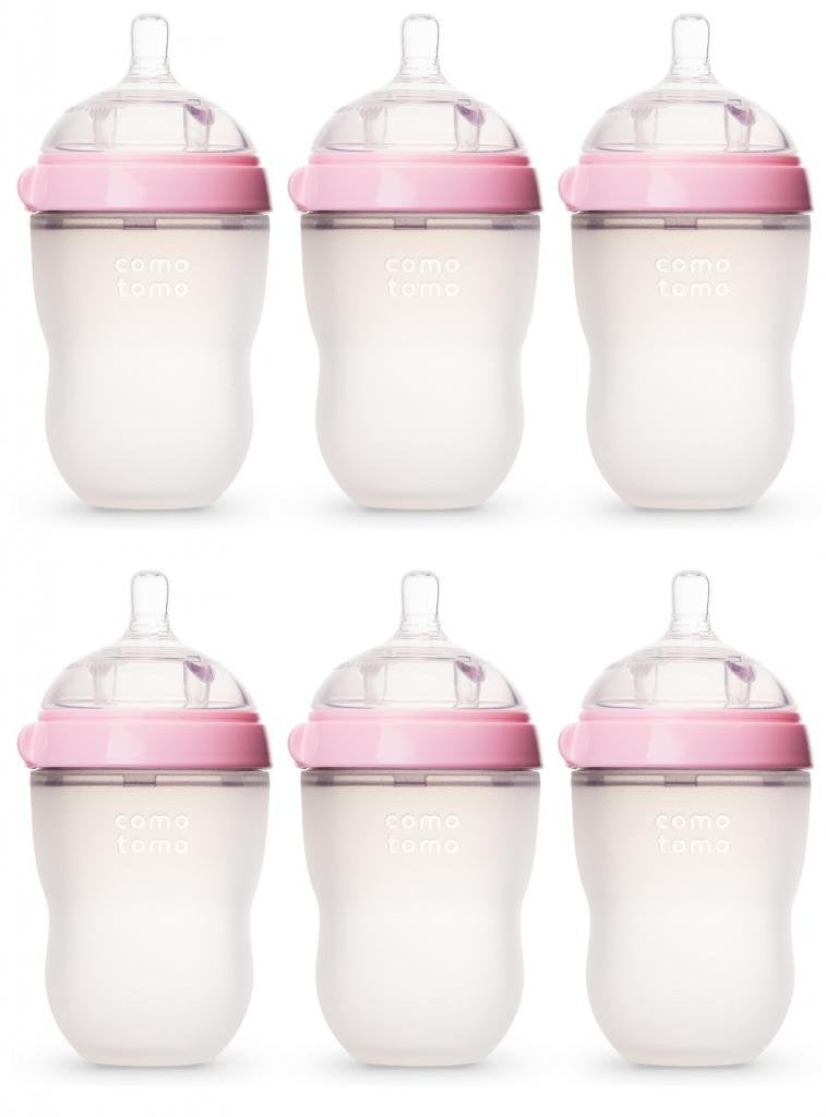Comotomo 8oz pink bottle in a six-pack for easy feeding on the go.