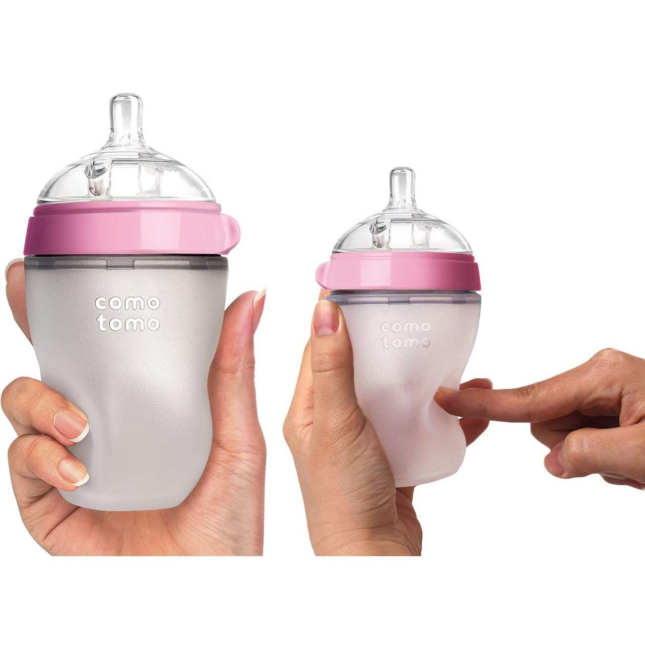 Comotomo dual anti-colic vents bottle illustrating minimized air intake during feeds