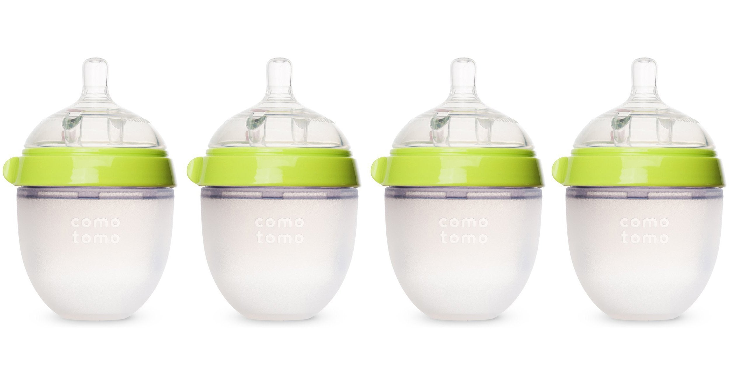Comotomo four-pack 5 oz green bottles show easy-clean wide neck design for busy parents