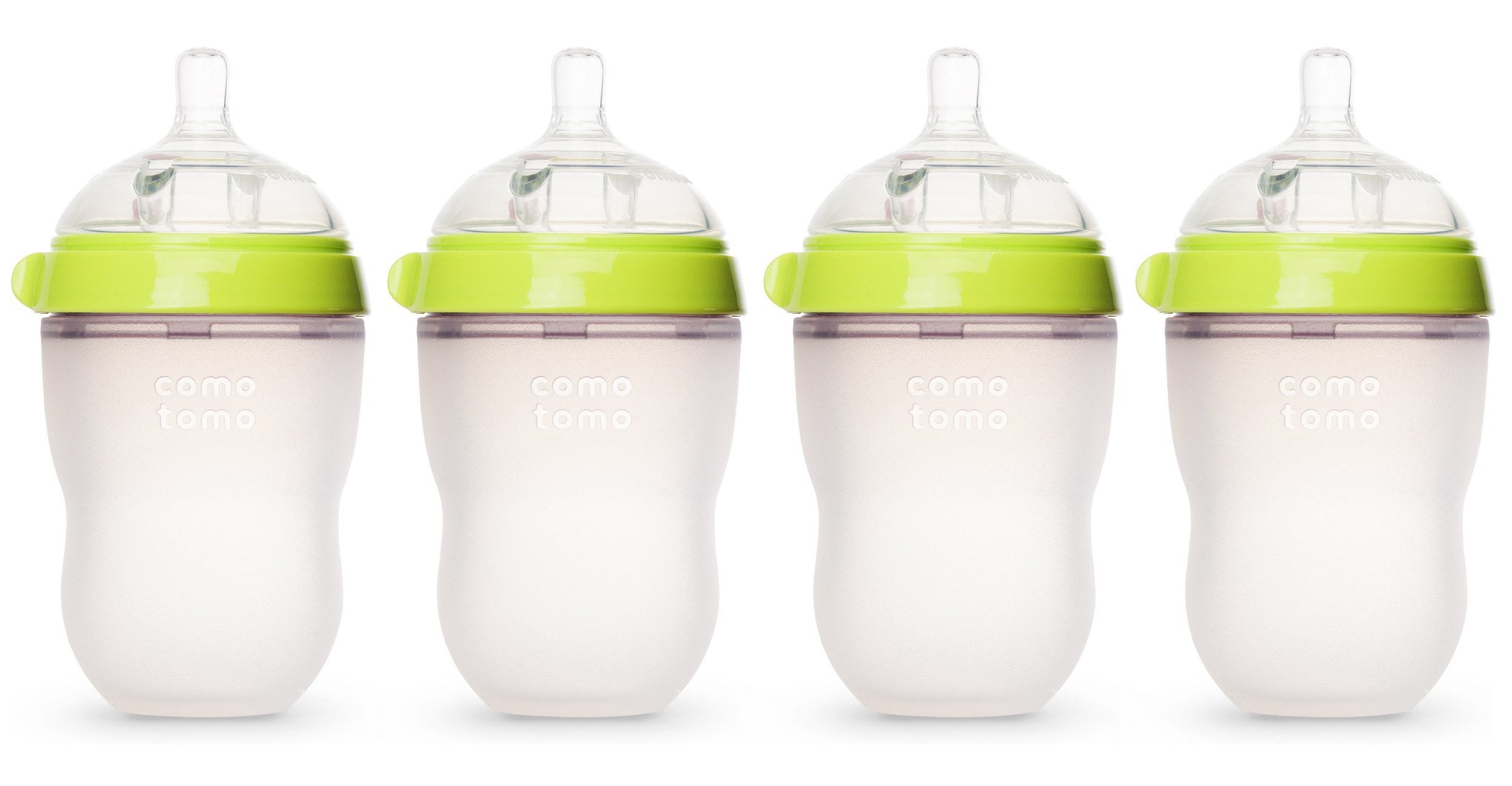 Comotomo natural feel baby bottle 4-pack in green, comfortable grip for easy feeding transitions.