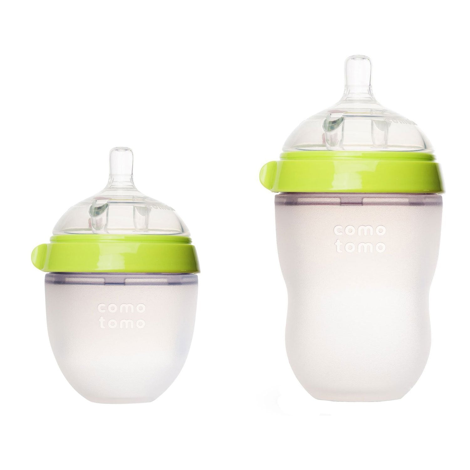 Comotomo natural-feel baby bottles in green pack with soft silicone nipples for natural-feeding comfort.