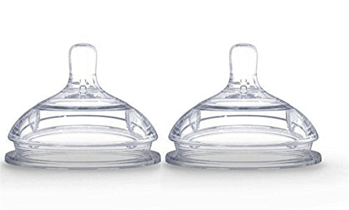 Comotomo silicone replacement nipple slow-flow closeup highlighting dual anti-colic vents for reduced air intake.