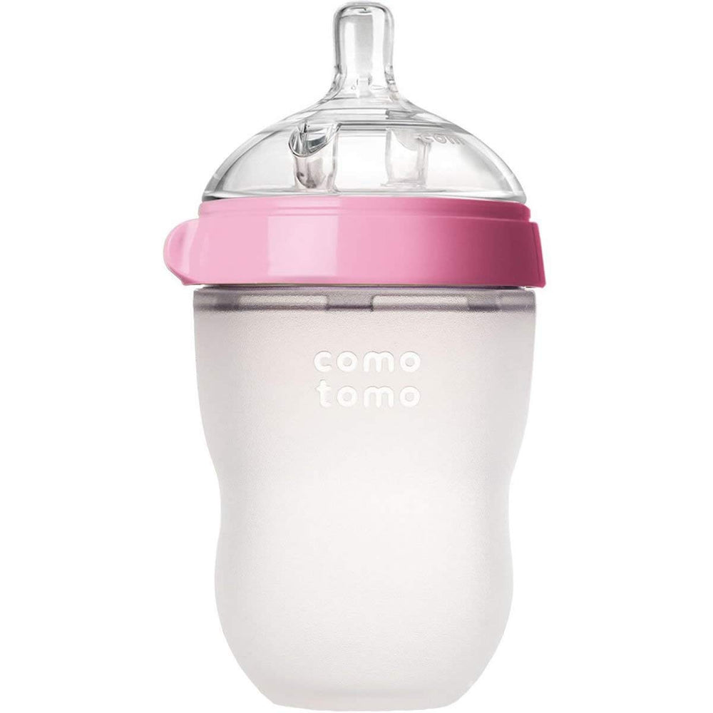 Comotomo soft silicone nipple bottle showing skin-like texture for nursing transition