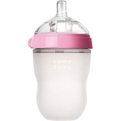 Comotomo soft silicone nipple bottle showing skin-like texture for nursing transition