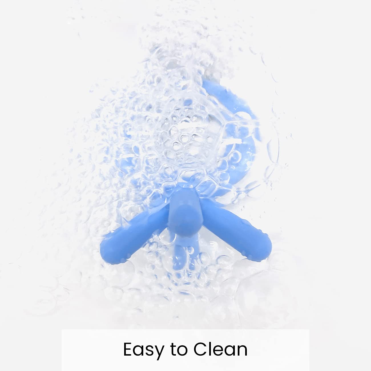 Comotomo teether blue packaging shot highlights safe silicone and care tips