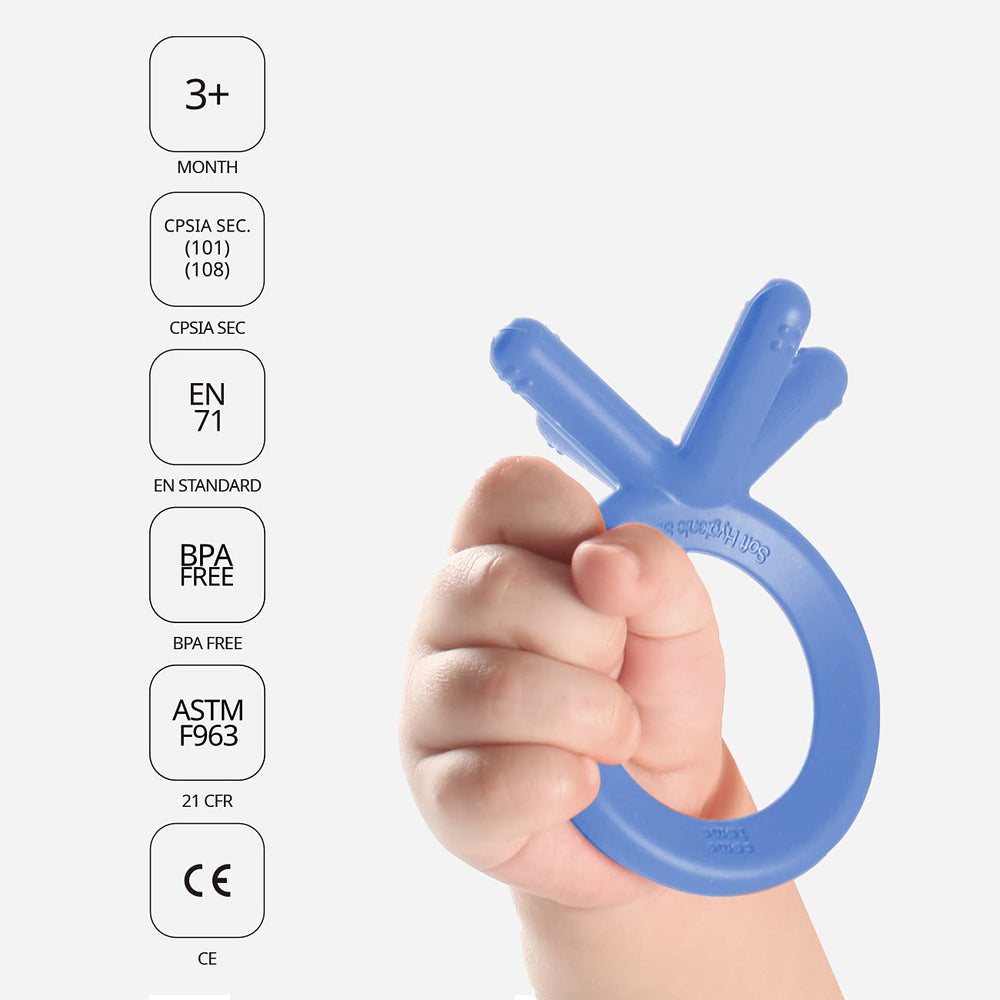 Comotomo teether blue silicone texture highlights safe, durable material