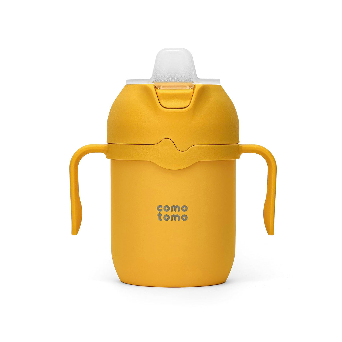 Comotomo Toddler Tumbler 8oz yellow front view shows self-orienting handles for effortless sipping