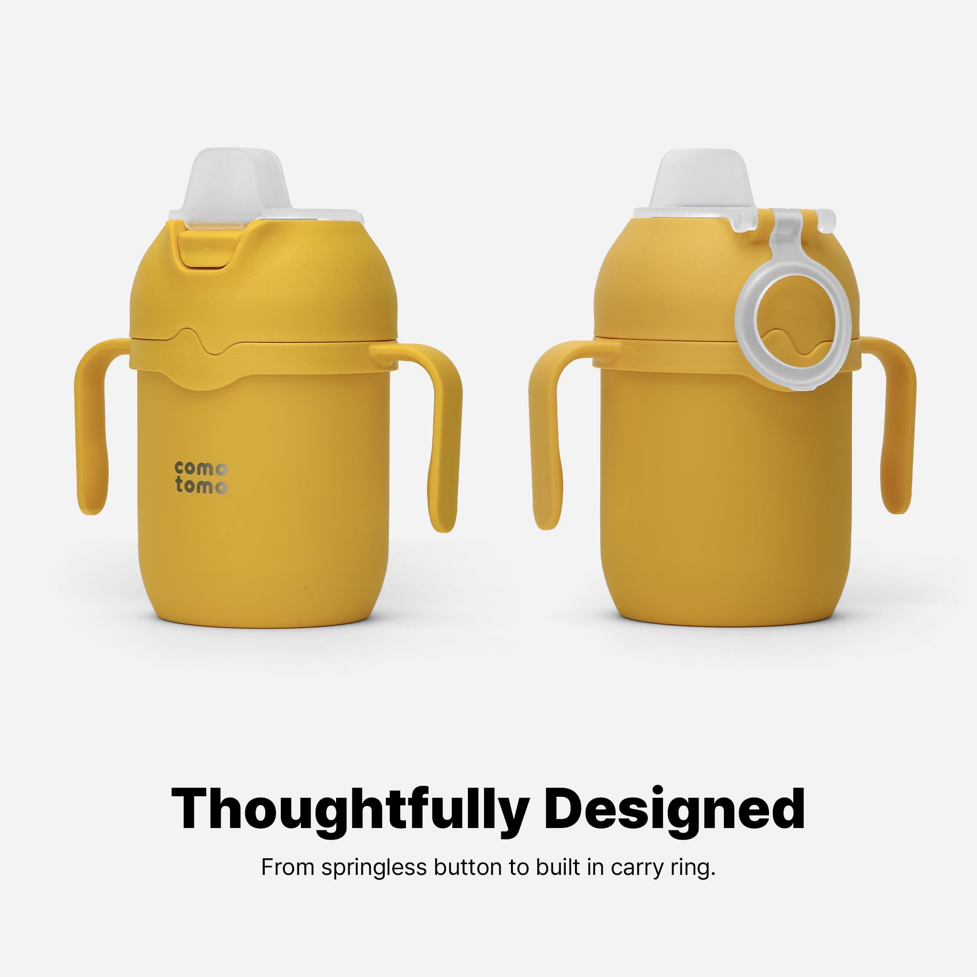 Comotomo Toddler Tumbler 8oz yellow springless button and carrying ring support on-the-go use