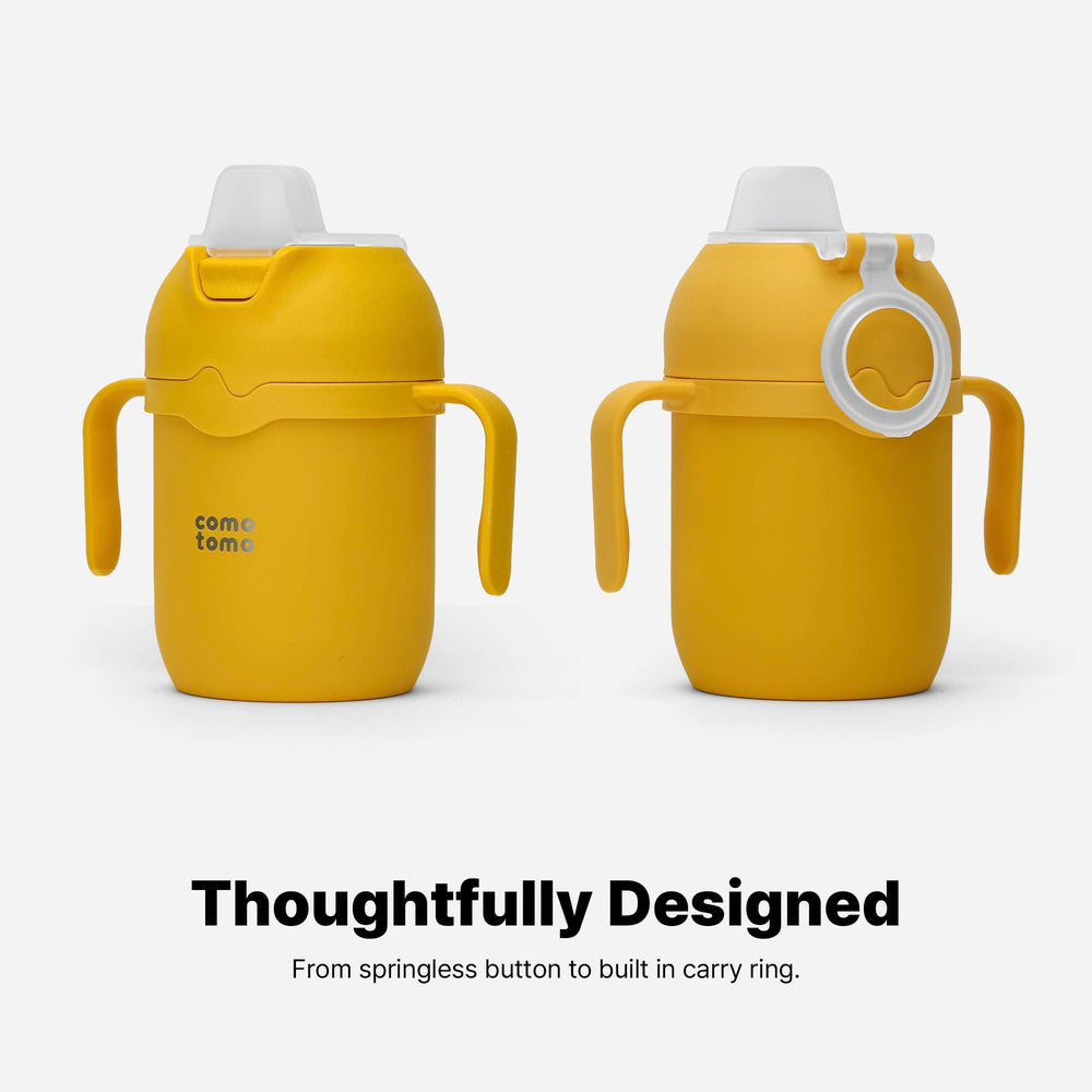 Comotomo Toddler Tumbler 8oz yellow springless button and carrying ring support on-the-go use