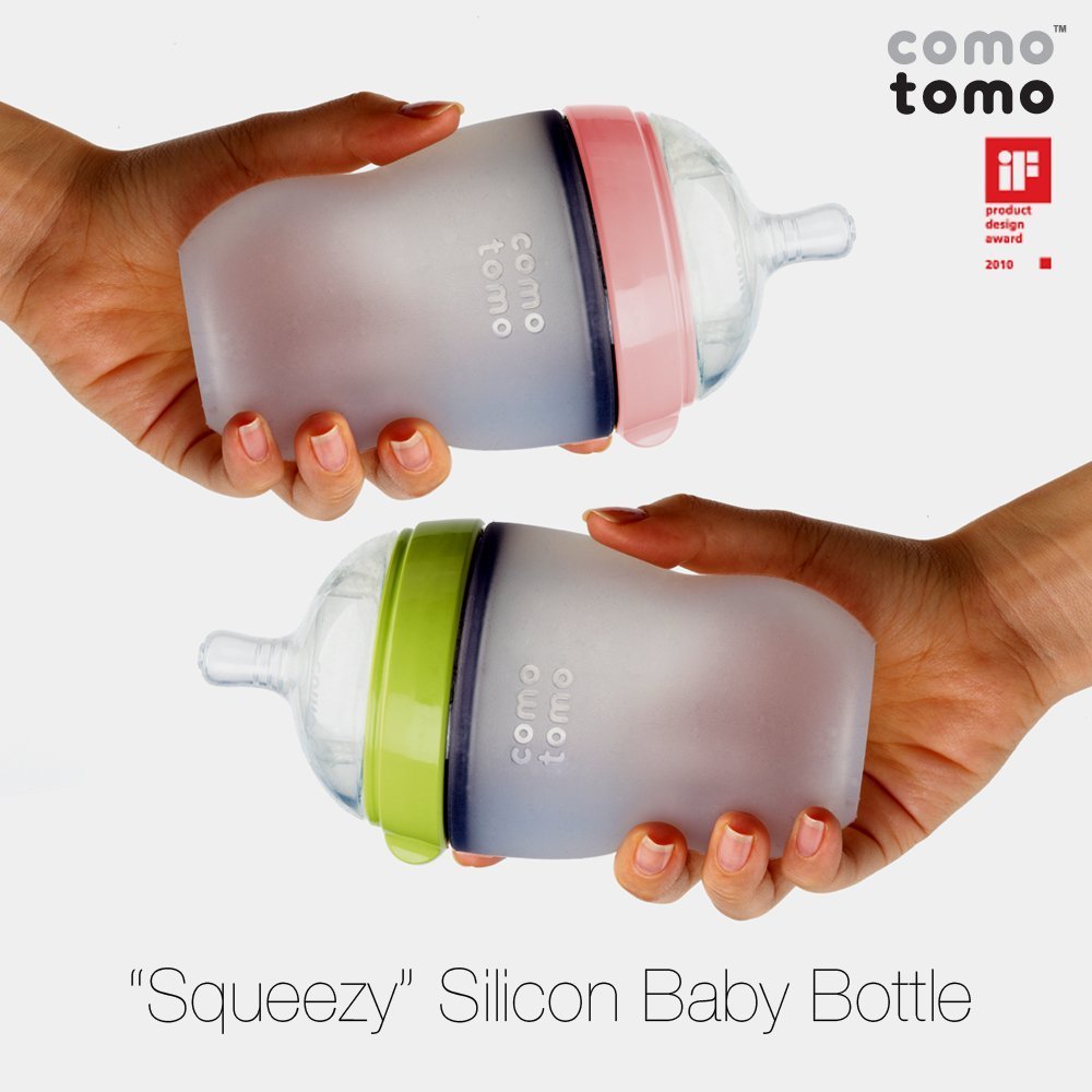 Comotomo wide-neck silicone bottle image showing clean, easy-to-clean design ideal for busy families.