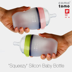 Comotomo wide-neck silicone bottle image showing clean, easy-to-clean design ideal for busy families.