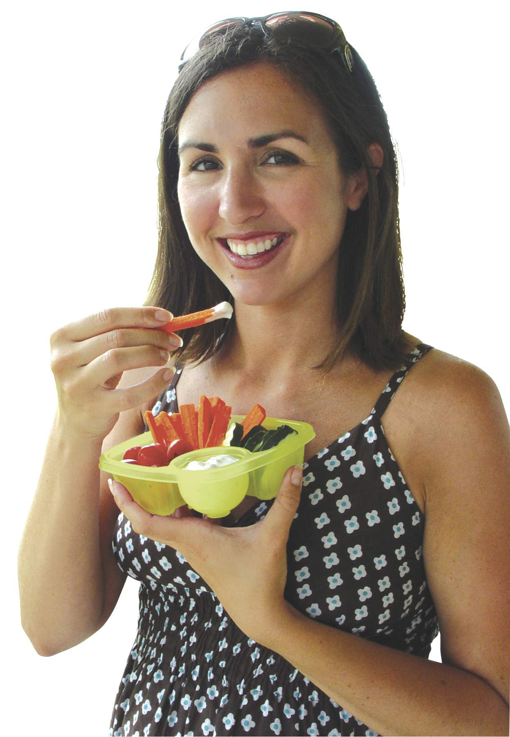COMPAC HOME Take A Dip container showing side compartments for snacks and dressings.