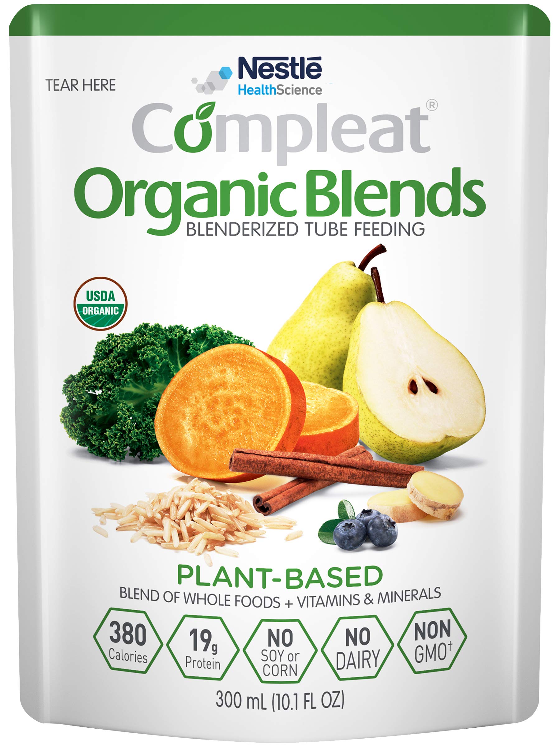 Compleat Organic Blends bottle pour shows smooth real-food nutrition for tube feeding.