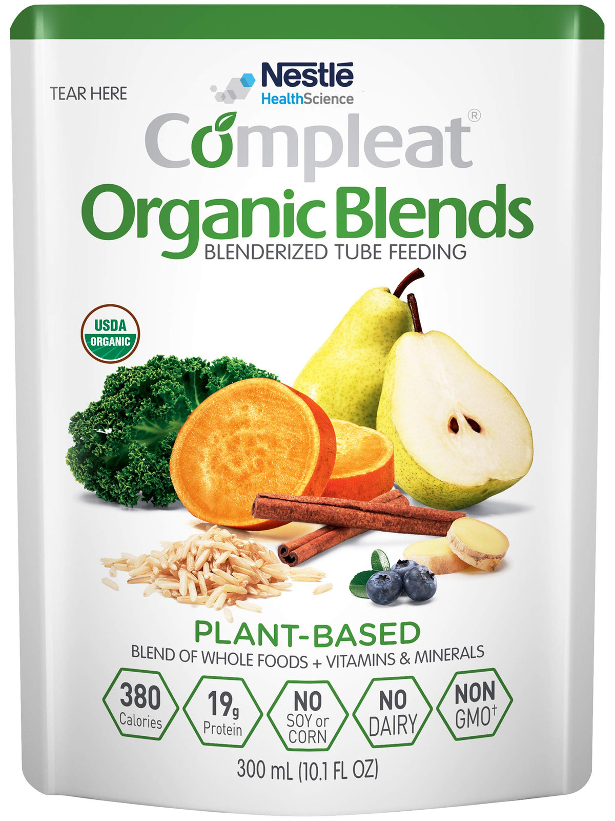 Compleat Organic Blends bottle pour shows smooth real-food nutrition for tube feeding.
